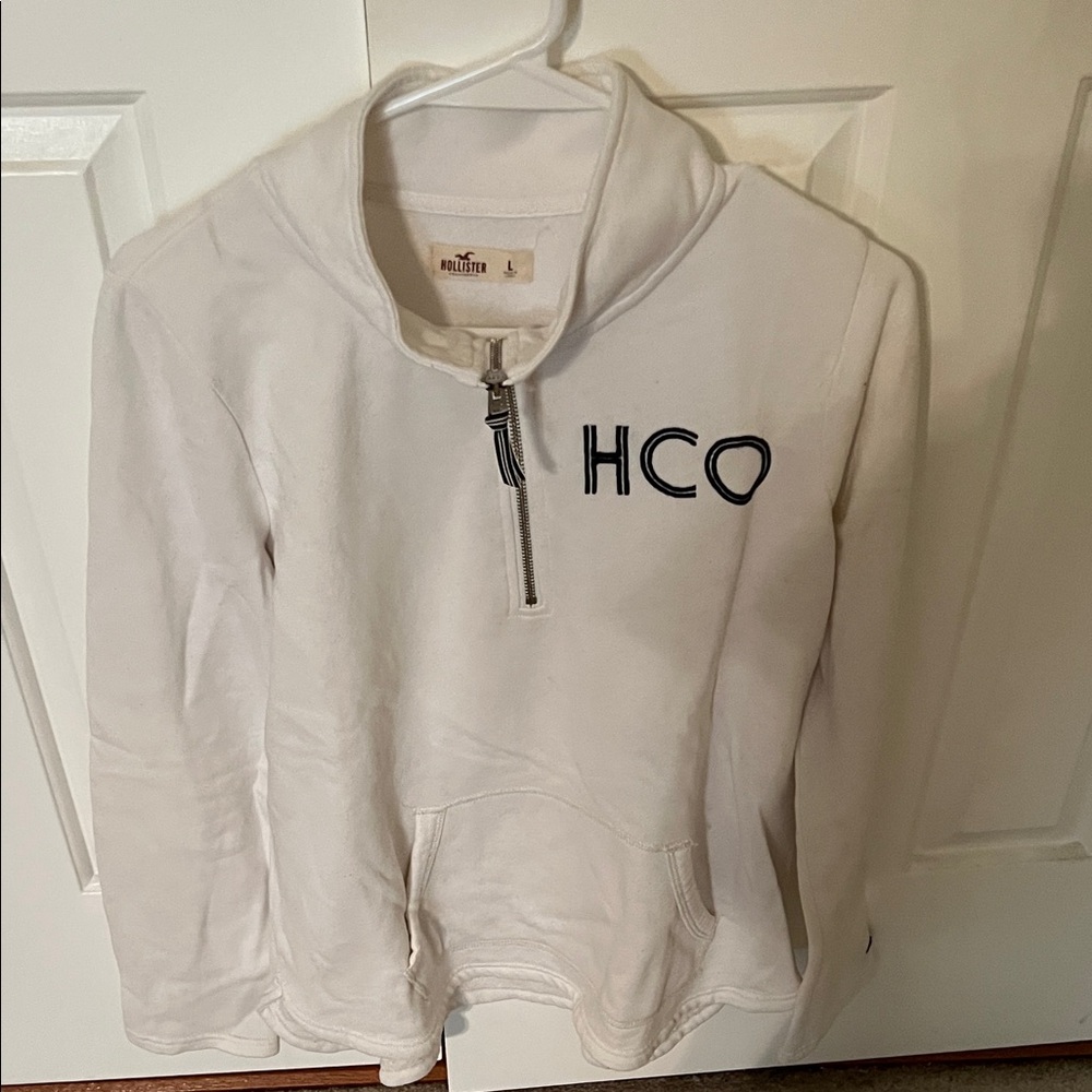 Hollister White Half-Zip Pullover with Navy Logo